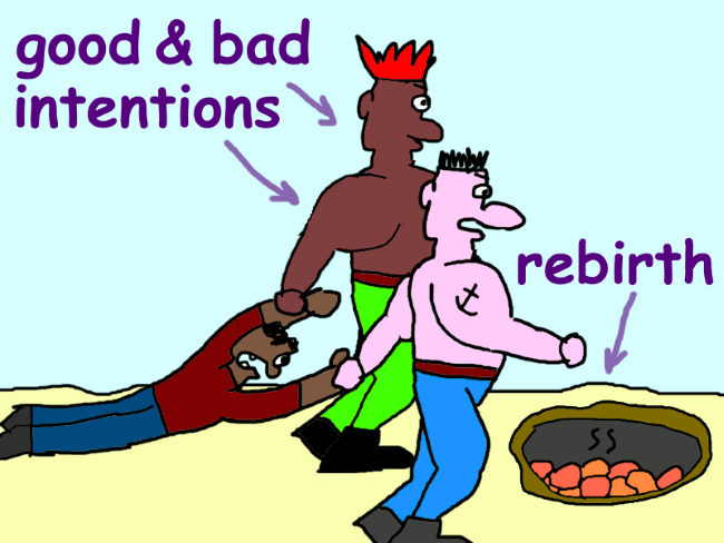 Two muscled man pulling a third man towards a fire pit. The two men are labeled ‘good & bad intentions’, the fire pit ‘rebirth’.
