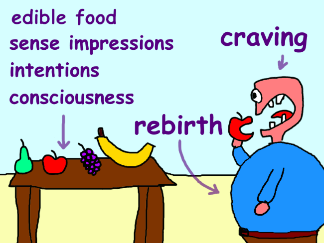 A table with four types of fruit on it (a pear, an apple, grapes, and a banana). A fat man is eating them. The fruits are labeled ‘edible food’, ‘sense impressions’, ‘intentions’, and ‘consciousness’, the eating man ‘craving’, and his fat belly ‘more life’.