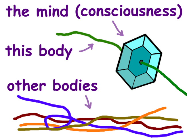 A gemstone with a green thread running through it. Beside it lay four other different color threads. The gem is labeled ‘the mind (consciousness)’, the green thread ‘this body’, and the other threads ‘other bodies’.