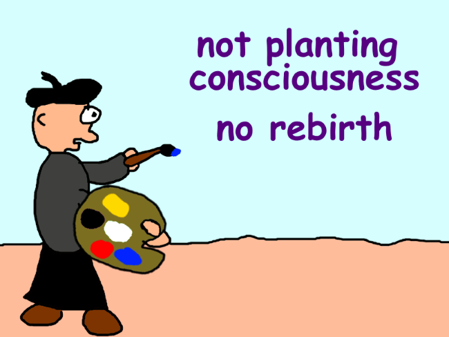 A painter trying to draw the air, labeled ‘not planting consciousness, no rebirth’.