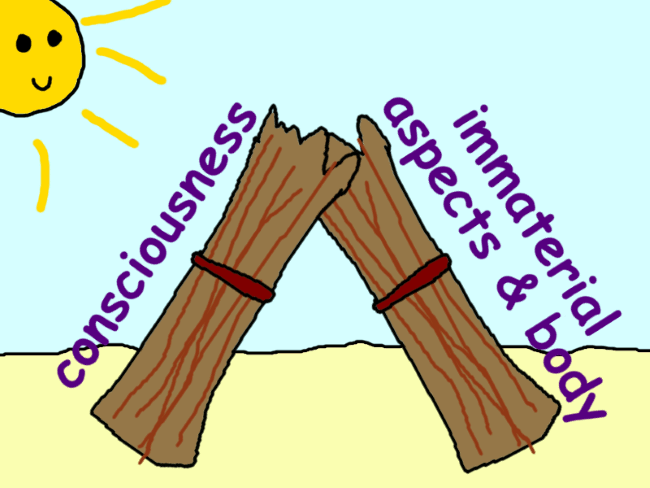 Two bundles of reeds leaning against one another with the sun shining on them. The left bundle is labeled ‘consciousness’, the right ‘immaterial aspects and body’.