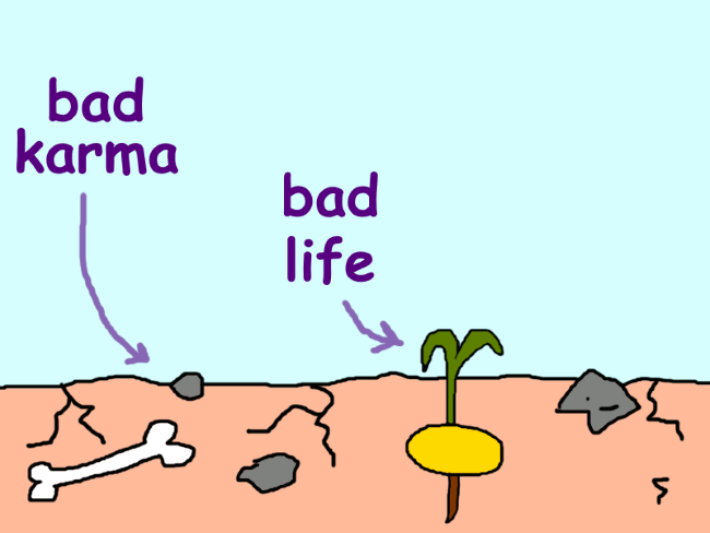 A field with rocks and cracks labeled ‘bad karma’ with growing from it a small plant called ‘bad life’.